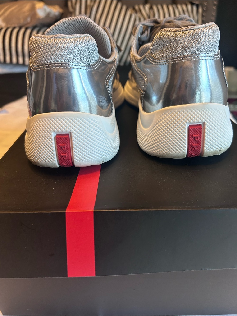 Prada Women's Metallic Gray and Light Gray Athletic Sneakers - Picture 4 of 5
